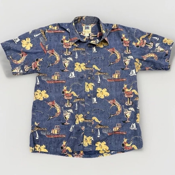Avi by Kahala Hawaiian Shirt Mens Camp L Ocean Boat Fish All Over Print Tropical - Picture 2 of 9